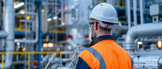 portrait Man Monitoring Fuel Processing Operations at an Industrial Plant - obrazy, fototapety, plakaty