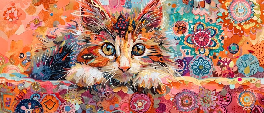 Intricate paper patch kitten, in jewel tones with mandala patterns, on a soft peach canvas, enhancing its delightful appeal