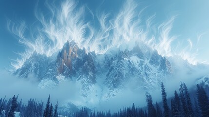   A mountain ablaze with flames at its summit and blanketed in snow below - obrazy, fototapety, plakaty