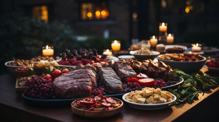 Fototapeta premium A festive table with a variety of snacks: cheese balls, sliced meats, fresh fruit, decorated against the background of a Christmas tree. Concept: New Year's menu, catering services