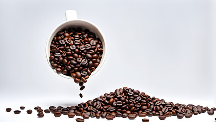Image of coffee beans pouring on a white background. generative AI.
