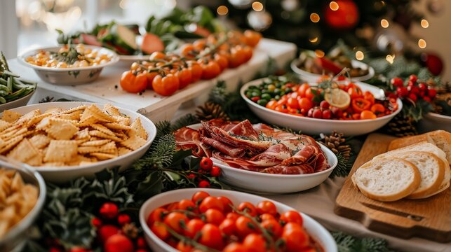 A festive table with a variety of snacks: cheese balls, sliced meats, fresh fruit, decorated against the background of a Christmas tree.
Concept: New Year's menu, catering services