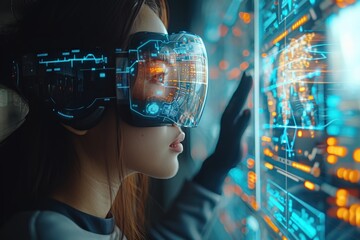 Woman wearing virtual glasses viewing display