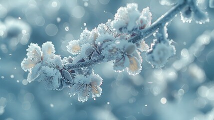   A close-up image of a tree branch coated in snow and adorned with water droplets - obrazy, fototapety, plakaty
