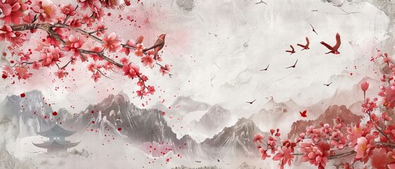 Modern background with Japanese watercolor texture. Stone decoration with Asian icons. Abstract template. Birds, bonsai, cherry blossom flower, and cloud elements.