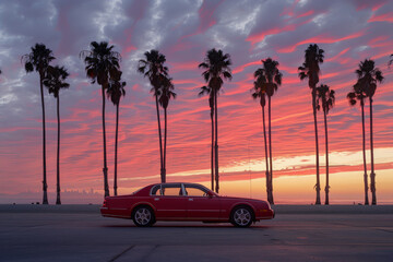 Vintage Red Car Under Vibrant Sunset Amidst Palm Trees - Powered by Adobe