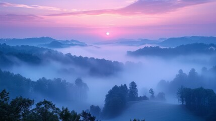  Foggy valley sunset with trees and distant rising sun