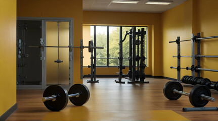 Fototapeta na wymiar Barbell and dumbbells with gym lockers, yellow background.generative.ai