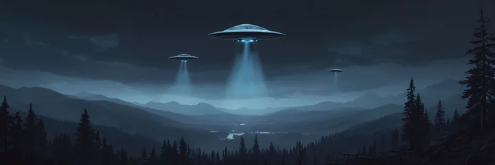 Schilderijen op glas World UFO Day. Ufologist's Day. Unidentified flying object. UFOs on earth © Vladislav