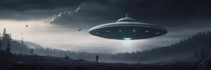 Gordijnen World UFO Day. Ufologist's Day. Unidentified flying object. UFOs on earth © Vladislav