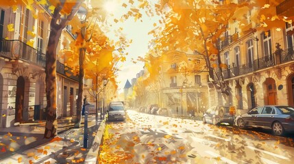 Fototapeta na wymiar Autumn in paris. sunlit digital watercolor painting of iconic streets with vibrant colors