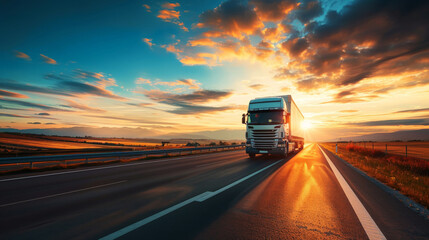 Semi Truck Driving at Sunset Highway Transport Logistics