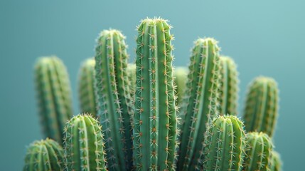   Close-up image of lush green cactus, top filled with leaves against azure sky