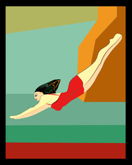 A stylized depiction of a female diver in midair presents her in a pose of outstretched arms and legs as she plunges toward the water. She wears a red swimsuit with her hair styled back, and the backg - 778895288