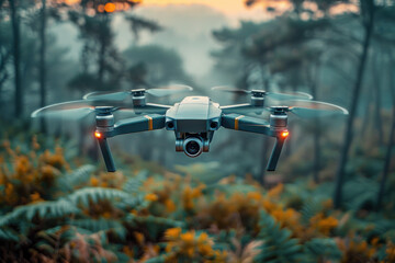 Remote controlled blue and black drone flying