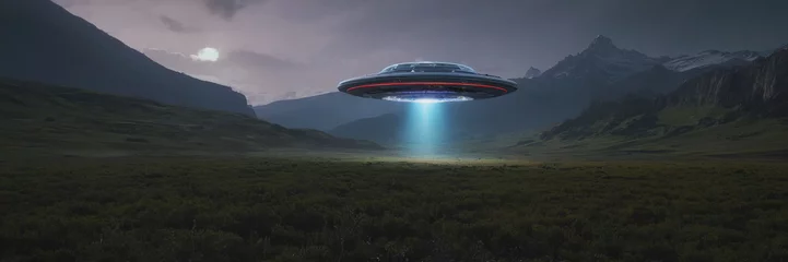 Gordijnen World UFO Day. Ufologist's Day. Unidentified flying object. UFOs on earth © Vladislav