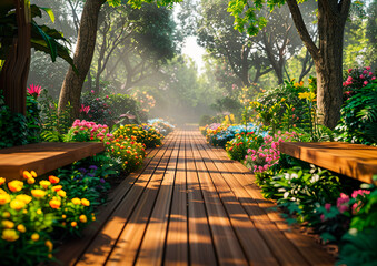 Fototapeta na wymiar Wooden boardwalk, lush greenery, adorned with colorful flowers