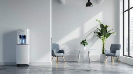 a cooler with water in a bright wite and grey style minimalistic office