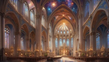Fototapeta na wymiar A breathtaking interior view of a cathedral with cosmic elements, blending spiritual architecture with otherworldly skies