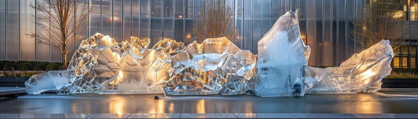 Optic white ice sculpture melting into a water conservation display, soft morning light