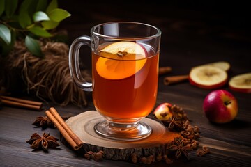 Cozy Autumn Scene with a Warm Glass of Spiced Apple Drink Accented with Fresh Apple Slices and Cinnamon Sticks