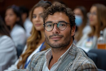 Man with glasses leading educational seminar for medical students