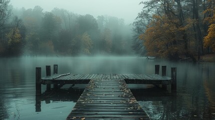   Dock in lake amidst forest with numerous trees on foggy day - obrazy, fototapety, plakaty
