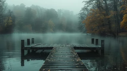 Gartenposter   Dock in lake amidst forest with numerous trees on foggy day © Anna