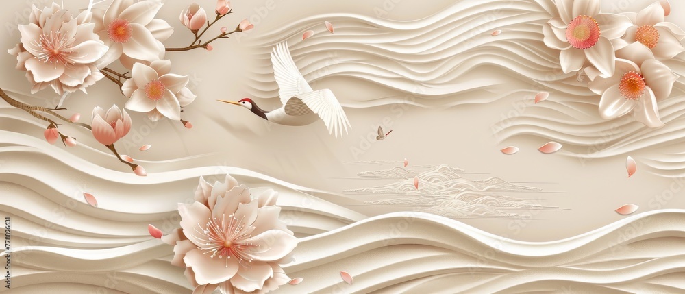 Aufkleber japanese background with flower decoration modern. abstract art template with hand drawn wave patter