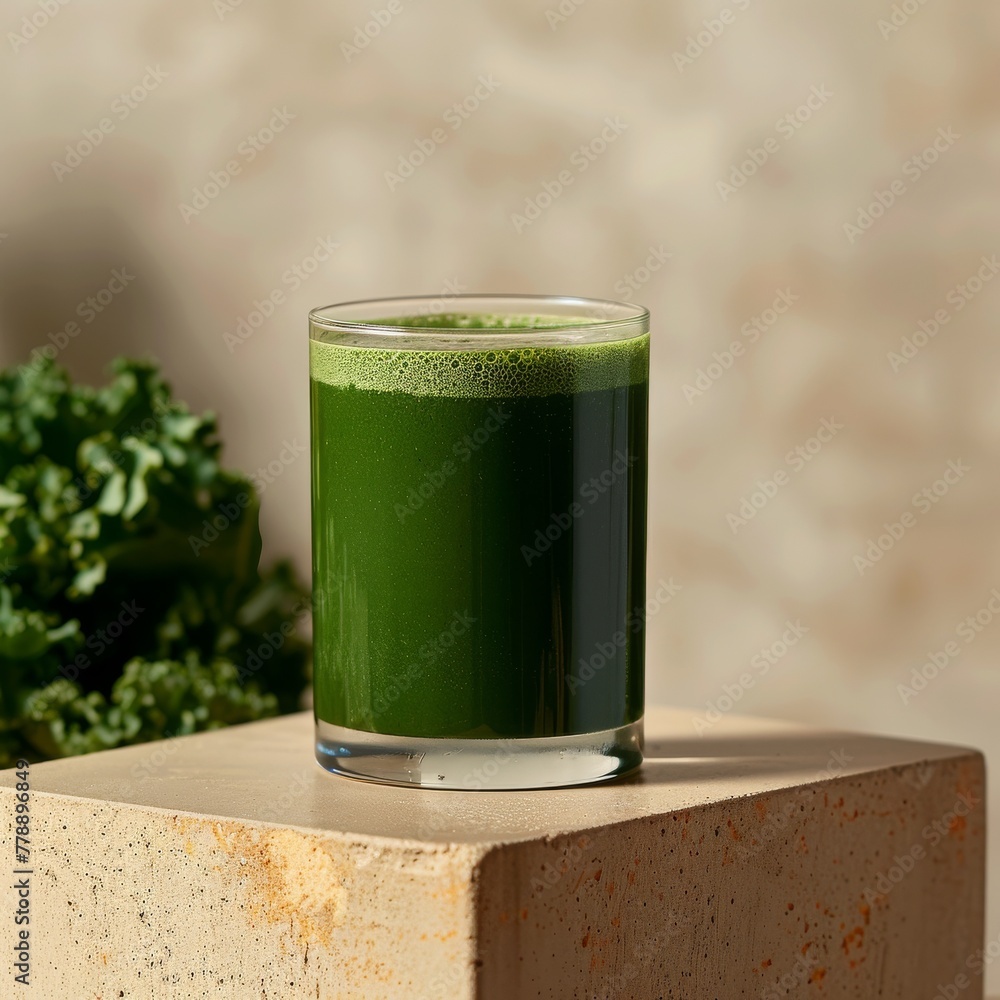 Poster refreshing composition with green cucumbers and lemons, basil leaves and a bottle of cucumber drink.
