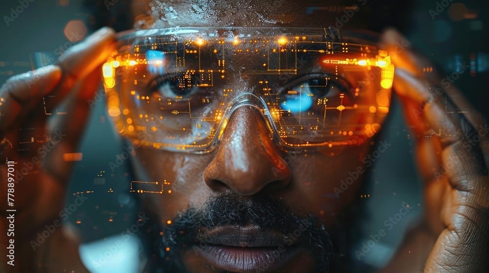 Poster tech innovator using augmented reality interface. human use hi-tech with holographic graphs and abil