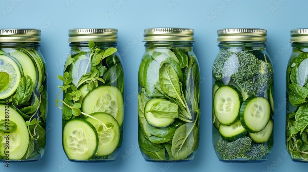 Poster refreshing composition with green cucumbers and lemons, basil leaves and a bottle of cucumber drink.