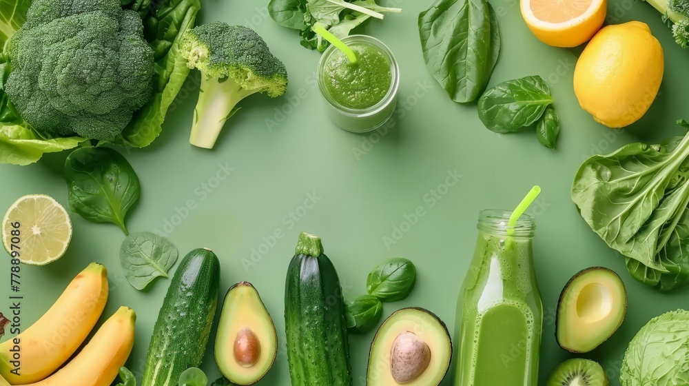Poster refreshing composition with green cucumbers and lemons, basil leaves and a bottle of cucumber drink.