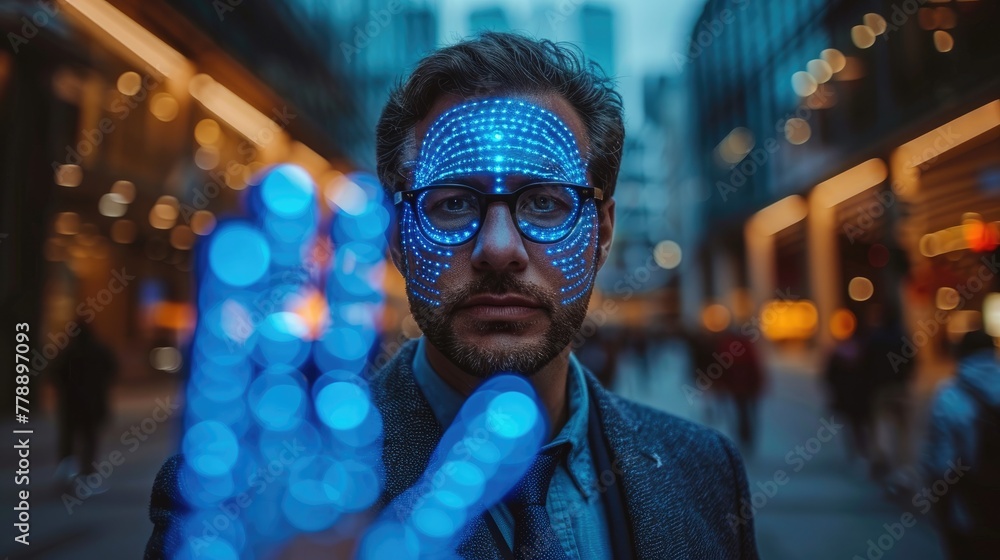 Poster futuristic and technological face scanning for face recognition and person. privacy and modern recog