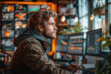 Obraz premium Man working at computer monitor