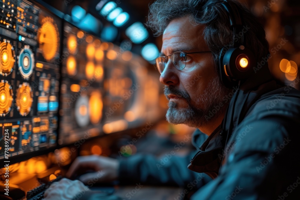 Poster man in headphones analyzing computer screen