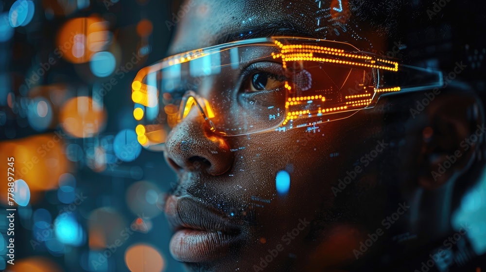 Poster tech innovator using augmented reality interface. human use hi-tech with holographic graphs and abil
