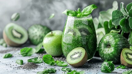A bottle of green smoothie surrounded by ingredients - ripe avocado, kiwi and fresh spinach.
Concept: veganism and raw food diet, delivery of healthy food and detox and cleansing of the body. - obrazy, fototapety, plakaty