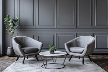 Two gray chaise lounges and a round coffee table against a gray paneled wall. Minimalist home interior design for modern living room