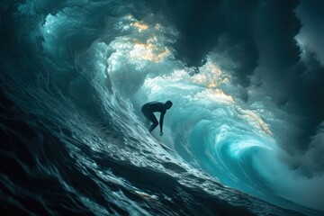 Man surfing on giant wave - obrazy, fototapety, plakaty