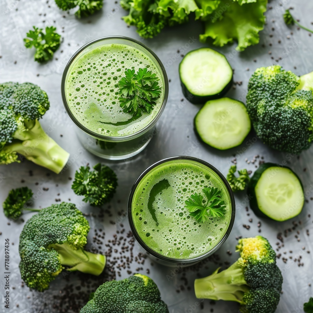Poster refreshing composition with green cucumbers and lemons, basil leaves and a bottle of cucumber drink.