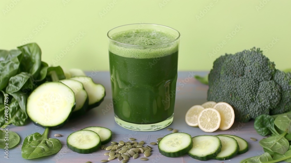 Poster refreshing composition with green cucumbers and lemons, basil leaves and a bottle of cucumber drink.
