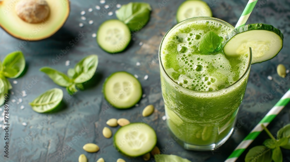 Poster refreshing composition with green cucumbers and lemons, basil leaves and a bottle of cucumber drink.