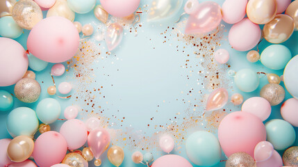 Festive Celebration Frame with Pastel Balloons and Golden Confetti