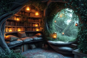 Cozy room with book shelf and bed