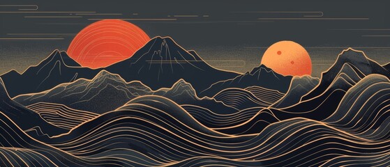 An abstract art invitation card with geometric pattern on a Japanese background with a wave pattern. A mountain and ocean object in style. - obrazy, fototapety, plakaty