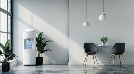 Minimalistic bright white and grey office water cooler for workplace refreshment in modern style - obrazy, fototapety, plakaty
