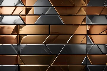 Abstract triangular mosaic tile wallpaper texture with geometric fluted triangles of metallic gold silver copper background banner Generative AI