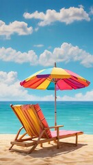 Fototapeta na wymiar umbrella and sun lounger in summer on a tropical beach