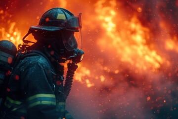 Firefighter confronting large fire